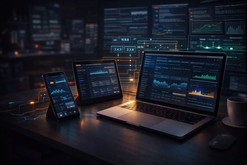 Ilustración digital que representa experiencia en construcción de productos digitales reales en Mobile, Web y AI, con sistemas estables y arquitectura escalable.